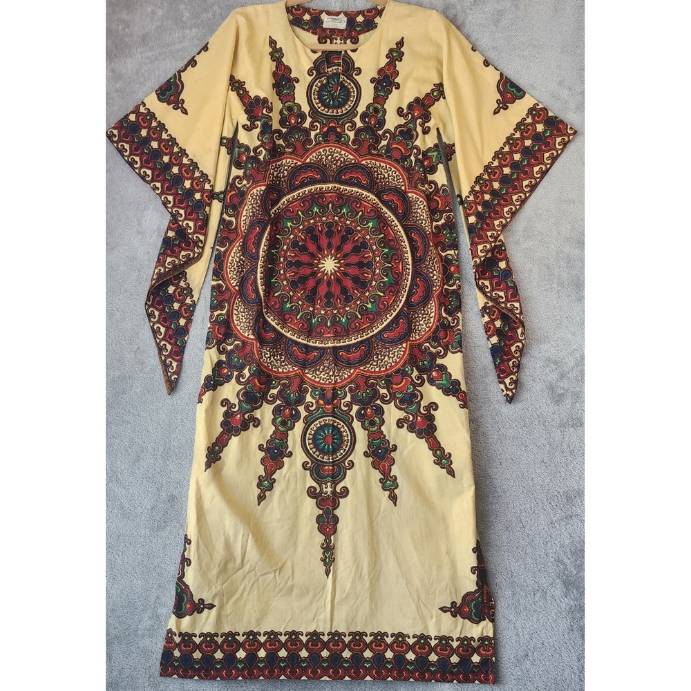 Vitenge Imports Maxi Dress Womens XS Yellow Mandala Print Angel Sleeve Vintage